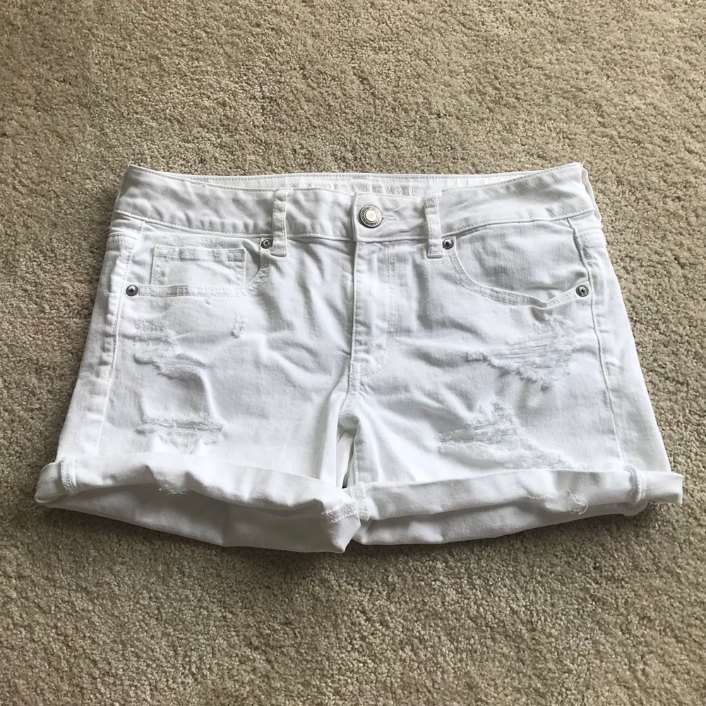 American Eagle White Midi Ripped Jean Shorts